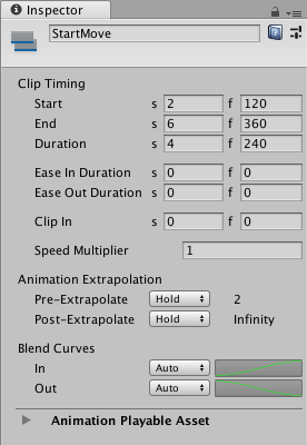 Inspector window when selecting an Animation clip in the Timeline window