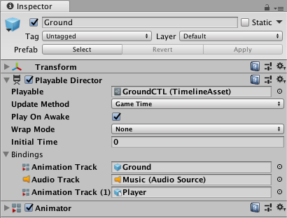 Playable Director component added to the GameObject named Ground. The GameObject is associated with the GroundCTL Timeline Asset.