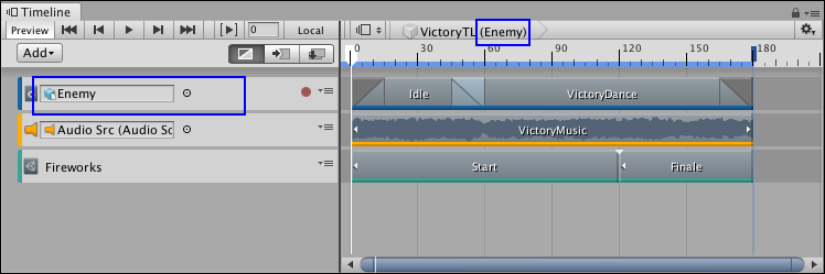 The Enemy GameObject (blue) is also attached to the VictoryTL Timeline Asset