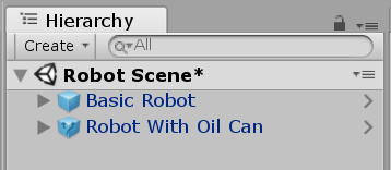 Hierarchy ウィンドウに表示された基本的な Robot Prefab と Robot With Oil Can と呼ばれるそのプレハブのバリアント