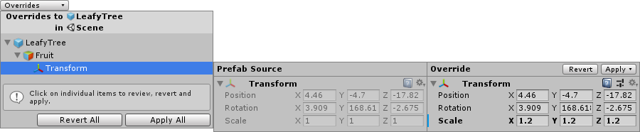 比較ビューのオーバーライドドロップダウンビュー。プレハブインスタンスの子ゲームオブジェクトの Transform コンポーネントの変更された値を表示しています。