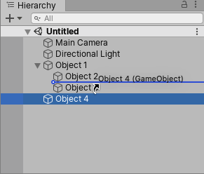 この画像では、Object 4 (選択中) が Object 2 と Object 3 の間 (青い横線表示) にドラッグされ、親のゲームオブジェクト Object 1 配下でこれら 2 つのゲームオブジェクトの兄弟として配置されます。
