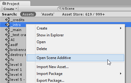 Open Scene Additive は、階層で表示されているシーンリストに選択したシーンアセットを追加します。
