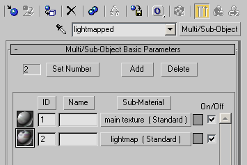 3ds Max での Lightmapping に設定された別のマテリアル設定。Multi/Sub オブジェクトマテリアルを使用