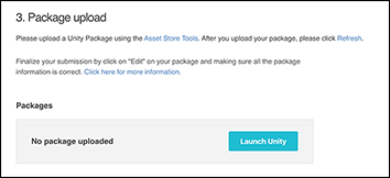 アセットをパッケージドラフトにアップロードする前に、Launch Unity ボタンが表示されます