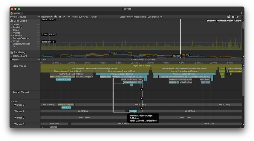Flow Events を有効にしてサンプルを選択した Timeline CPU Profiler ビューです。