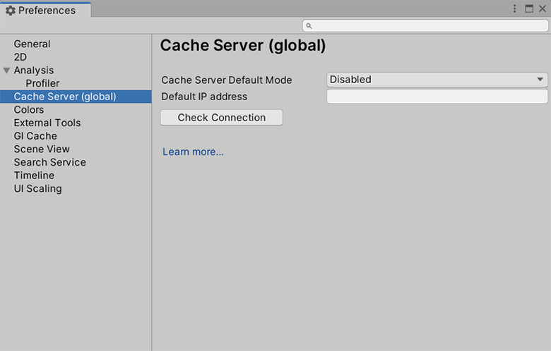 Preferences ウィンドウの Cache Server カテゴリ