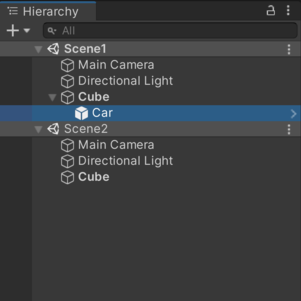 この画像では、Scene1 と Scene2 の両方にある Cube ゲームオブジェクトがデフォルトの親として設定されています。Unity は Scene1 の Cube を Car ゲームオブジェクトの親に設定します。なぜなら、Scene1 がアクティブなシーンであるからです。