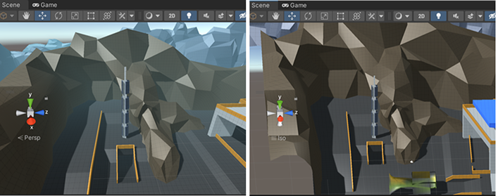 A Scene shown in Perspective mode (left) and Orthographic mode (right) 