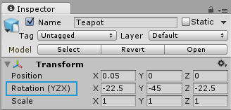 インスペクターは、オブジェクトの回転アニメーションにデフォルトと異なる回転順序 (YZX) が使われていることを表示