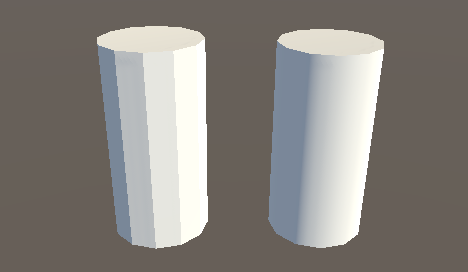 それぞれ12面を持つ2体の円柱。左側は平たんなシェーディング、右側は滑らかなシェーディングを使用しています。