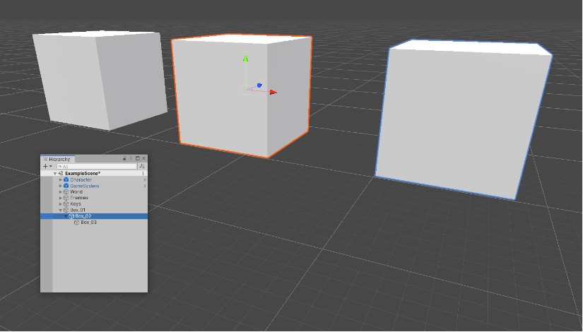 中央のボックスを選択すると、オレンジ色でハイライトされ、青いゲームオブジェクト (右端のボックス) が青い輪郭で表示されますが、親ゲームオブジェクト (左端のボックス) はハイライトされません。 