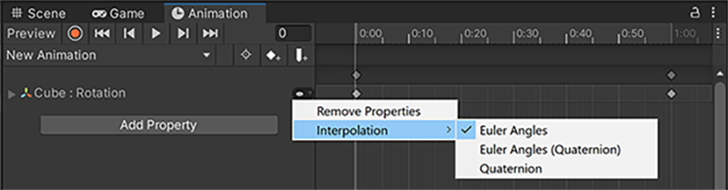 Animation ウィンドウで、Interpolation メニューを開くと、回転補間のオプションが表示されます。