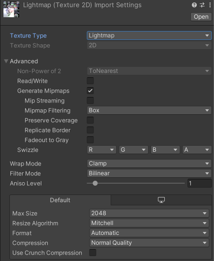 Properties for the Lightmap Texture Type. The properties for the Directional Lightmap Texture Type are identical to these.
