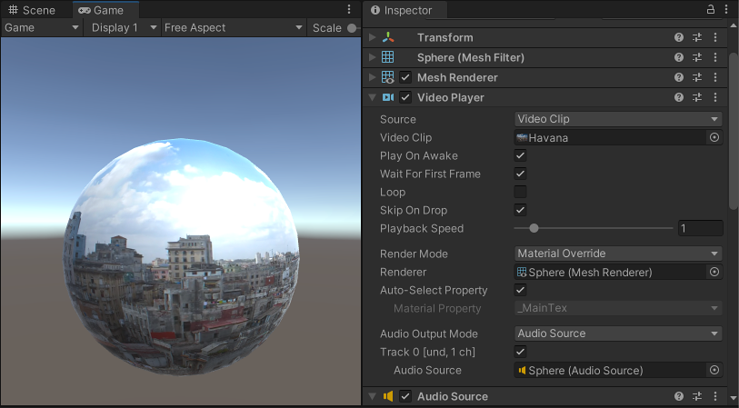 A Video Player component attached to a spherical GameObject, playing the Video Clip on the GameObject’s main Texture (in this case, the Texture of the Mesh Renderer)