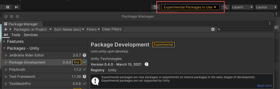 The Experimental Packages In Use menu appears as a warning in the toolbar