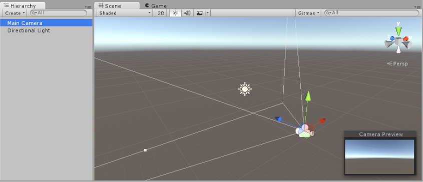 Unity のデフォルトのサンプルシーンで、Main Camera と Directional Light が含まれています。