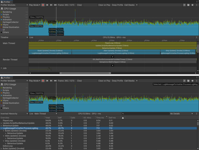 A frame in both the Timeline CPU Profiler and the Inverted Hierarchy view