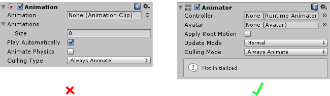 左: 旧システムの Animation コンポーネント。右: 現システムの Animator コンポーネント