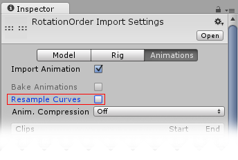 Animations Import Inspector のリサンプリングカーブのオプション