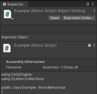 スクリプトの例が表示されたスクリプト Inspector。