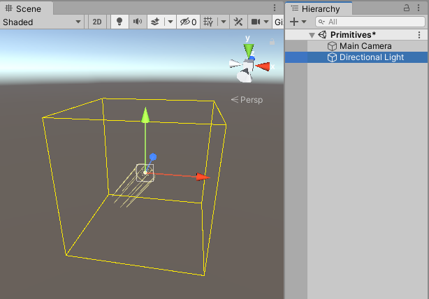 キューブギズモを描画する追加スクリプトが適用された Light ゲームオブジェクト。