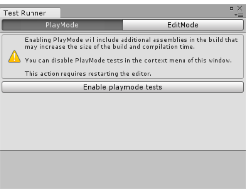 The Test Runner window with the PlayMode button selected