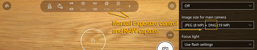 수동 노출 및 RAW 캡처를 사용하기 위한 휴대폰 설정의 예