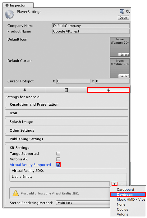 Android의 Daydream 관련 설정 찾기(Edit > Project Settings > Player > XR Settings)