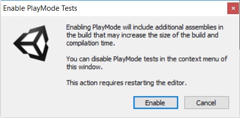 The Enable PlayMode Tests confirmation dialog box