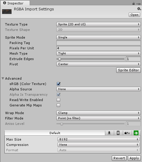 텍스처 인스펙터 창 - Texture Type:Sprite (2D and UI)