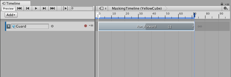 Guard 휴머노이드는 한 번 루프되는 달리기 사이클(Run_Forward)을 포함하는 애니메이션 트랙에 결속되어 있습니다.