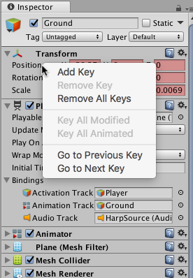 애니메이션화 프로퍼티의 이름을 마우스 오른쪽 버튼으로 클릭하여 키와 관련한 작업을 수행합니다.