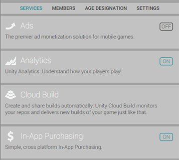 Services window showing IAP and Analytics switched on