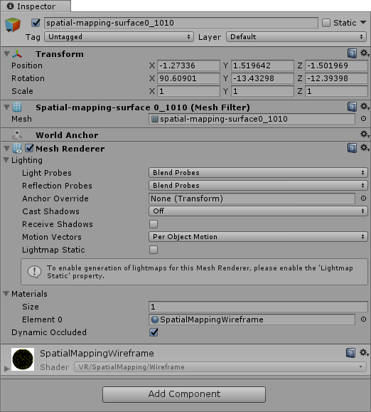 Inspector view of a Surface GameObject generated by a Spatial Mapping Renderer
