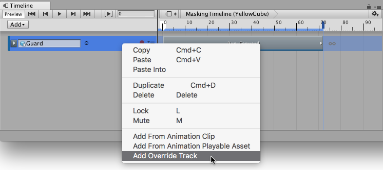 오버라이드 트랙을 추가합니다. 애니메이션 트랙을 마우스 오른쪽 버튼으로 클릭한 후 컨텍스트 메뉴에서 Add Override Track을 선택합니다.