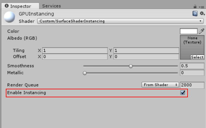 머티리얼 인스펙터 창의 Enable Instancing 체크박스