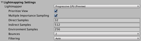 Lightmapper 가 Progressive GPU (Preview) 로 설정되었을 때 Lighting 창의 라이트매핑 설정에서 이용 가능한 프로퍼티