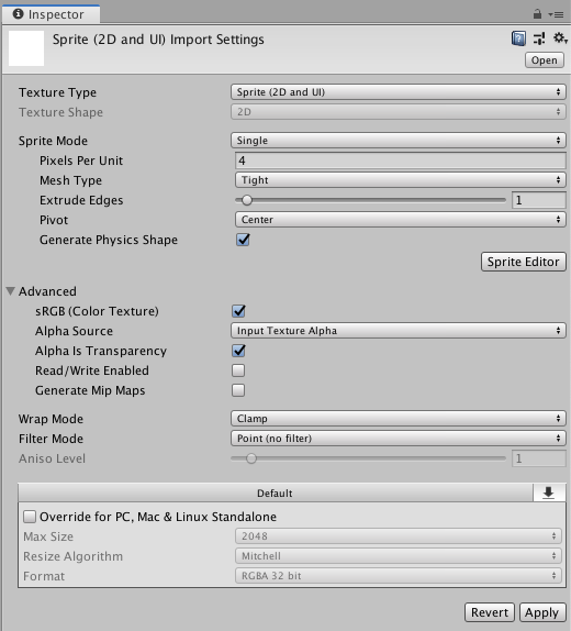 텍스처 인스펙터 창 - Texture Type:Sprite (2D and UI)