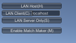 게임 뷰에 표시된 LAN 모드(디폴트 모드)의 Network Manager HUD.