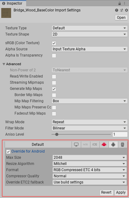 텍스처 인스펙터 창의 Android 2D Texture Override 설정. Android 로고를 클릭하면 Android별 오버라이드에 액세스합니다.
