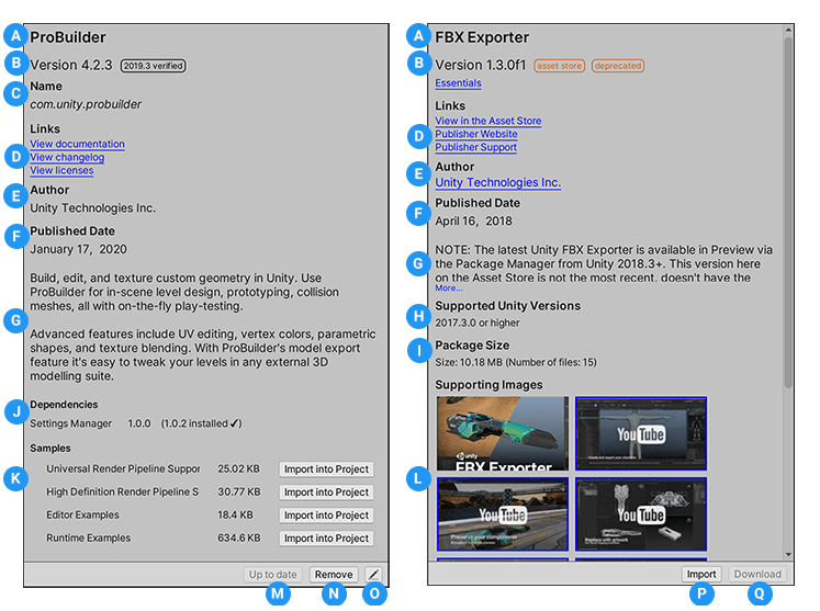 Unity 패키지의 패키지 세부 정보(왼쪽)와 에셋 패키지(오른쪽)
