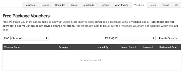 Free Package Vouchers 탭에서 유료 패키지에 대한 무료 바우처를 발행하고 검토합니다