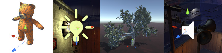 네 가지 게임 오브젝트 타입: 움직이는 캐릭터, 광원, 나무, 오디오 소스