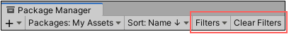 Filters 드롭다운 메뉴와 Clear Filters 버튼을 사용하여 리스트에 나타나는 에셋 스토어 패키지의 범위를 좁힐 수 있습니다