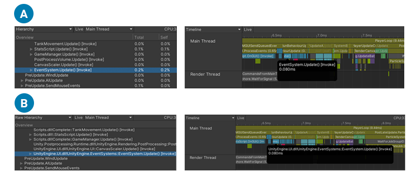 A: Show Full Scripting Method Names 가 활성화되지 않은 계층 구조 뷰와 타임라인 뷰의 스크립팅 메서드<br/> B: Show Full Scripting Method Names 가 활성화된 계층 구조 뷰와 타임라인 뷰의 스크립팅 메서드