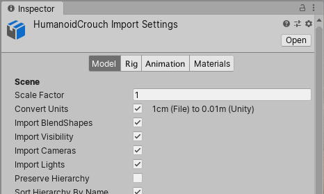 FBX Model Import Settings 창