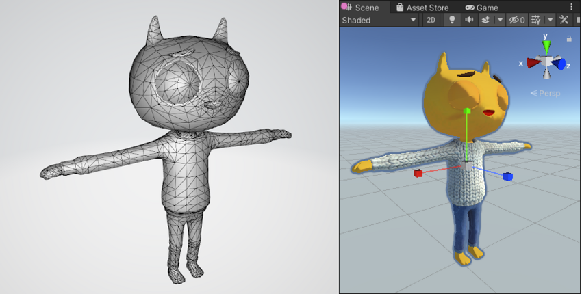 왼쪽: 플레이어 캐릭터를 위한 3D 폴리곤 메시. 오른쪽: Unity에서 머티리얼과 함께 렌더링된 플레이어 메시