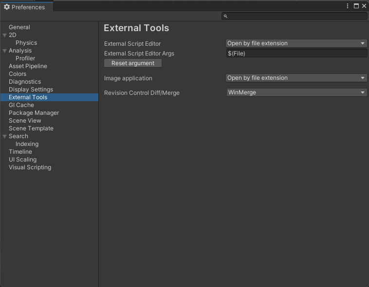 Preferences 창의 External Tools 범위