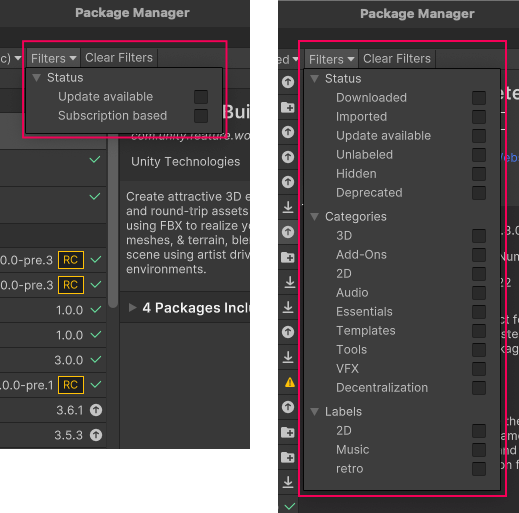 Filter controls for Unity Registry and In Project (left) and My Assets (right)